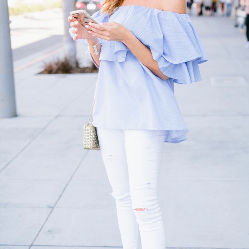 Blue pinstripe off shoulder ruffle top